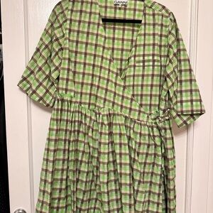 Ganni Green and White Casual Sundress with V-neck
